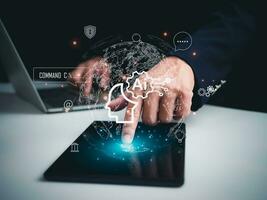 businessman holding brain of AI, Symbolic, Machine learning, artificial intelligence of futuristic technology, AI network of brain on business analysis, Information and communication networks. photo
