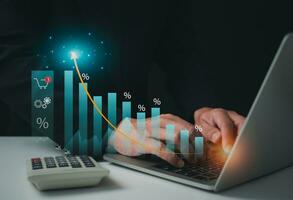 Stock market, Business growth, progress or success concept. Businessman is showing a growing virtual hologram stock, invest in trading. photo