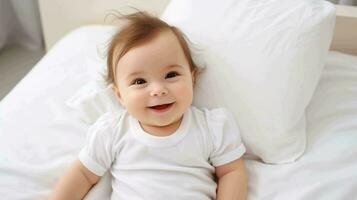 A sweet baby lies comfortably on a soft white bed, AI-generated photo