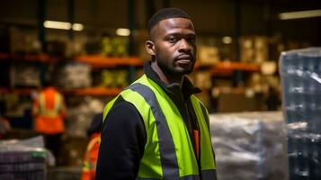 black muscular man, a warehouse supervisor wearing a safety vest, AI generated photo