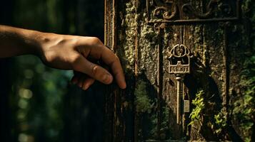 A hand holding a vintage key against the backdrop of a rustic wooden door, AI generated photo