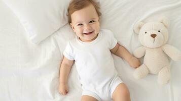 a blank empty white baby bodysuit, lying in a white bed, smiling, AI generated photo