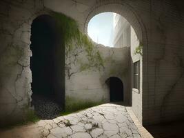 3d render of an empty room with stone walls and windows photo