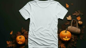 Halloween women's white t-shirt mockup of mystical pumpkins and moonlit leaves, the dark background, AI-generated photo