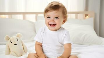 portrays a baby's playfulness, with a white shirt bodysuit mockup, AI generated photo