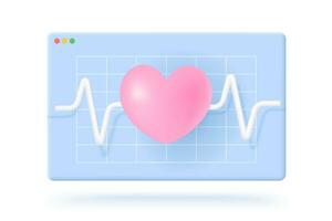 Vector icon of screen with heart and pulse in 3D style. Vector illustration of a pink heart for cardio training.
