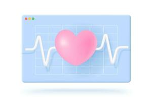 Vector icon of screen with heart and pulse in 3D style. Vector illustration of a pink heart for cardio training.