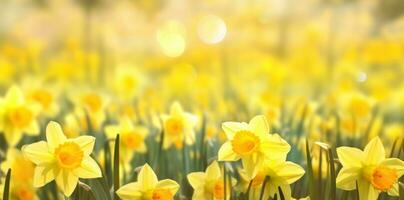 Yellow daffodils in front of a light background. Bokeh panorama photo