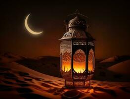 Lantern of Peace in the Desert. A lantern sitting in the middle of a desert. The lantern is lit, casting a warm glow on the sand. photo