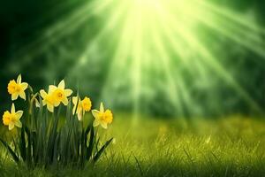 Yellow daffodils in front of a light background. Bokeh panorama photo