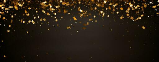 Golden confetti falling on a black background banner photo