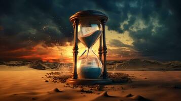 Realistic and surreal image of an hourglass in a desert scene photo