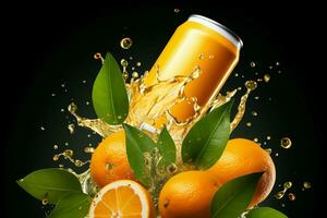 Isolated aluminum orange soda can amidst flying, defocusing orange slices and leaves AI Generated photo