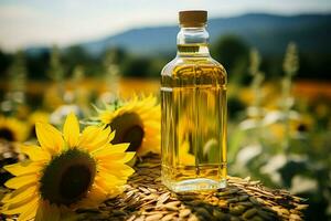 Selective focus on a sunflower oil bottle amidst a picturesque sunflower field AI Generated photo