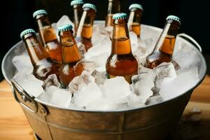 cerveza lleno botellas frío dentro cubo acunado por hielo para refrescante frescura ai generado foto