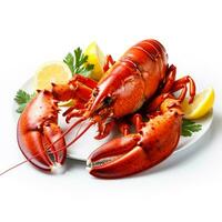 Luxurious boiled lobster with tangy lemon and butter splendidly isolated on white photo