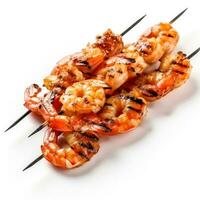 Appetizing grilled shrimp skewers remarkably isolated on a pure white background photo