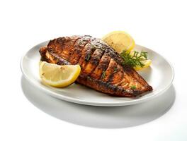 Blackened cajun catfish fillet with lemon accents tastefully isolated on white photo