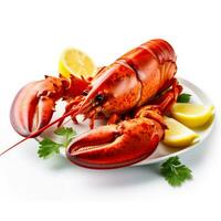 Delectable boiled lobster with butter and lemon impeccably isolated on white background photo