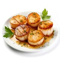 Glistening pan seared scallops with buttery sauce beautifully isolated against a pure white background photo