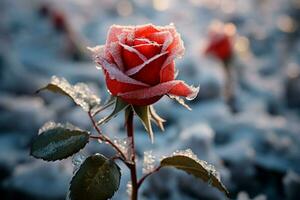 Frozen beauty a single rose stands out in an icy, close up field AI Generated photo