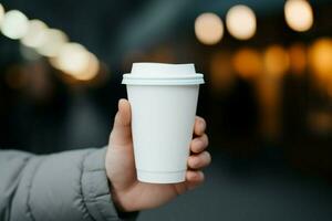 A person cradles a disposable white cup, a vessel for on the go refreshment AI Generated photo