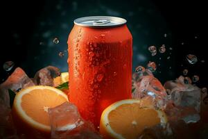 A refreshing summer drink, nestled in a chilled can with sparkling ice cubes AI Generated photo