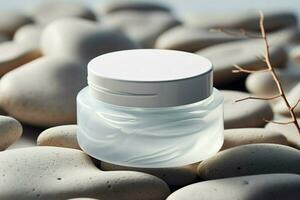 Hydration station skincare moisture container placed on smooth white rock surface AI Generated photo