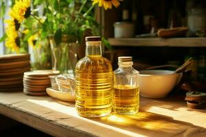 Wooden table in a home pantry adorned with kitchen utensils and sunflower oil AI Generated photo