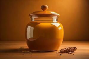 a jar of honey on a wooden table photo