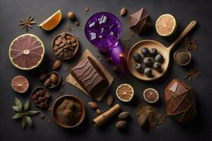 Chocolate bar and ingredients on dark background. Top view with copy space. generative ai photo