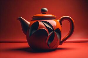 Ceramic teapot on red background, generative ai photo