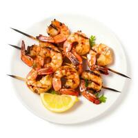 Grilled shrimp skewers beautifully presented isolated flawlessly on a white background photo