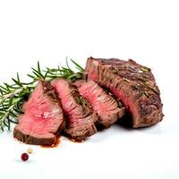 Juicy sliced beef steak with herbs elegantly isolated on white backdrop photo