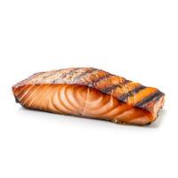 Single piece of perfectly grilled salmon steak standalone on white canvas photo