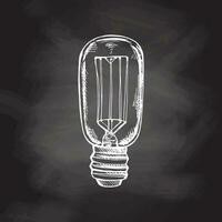 Hand-drawn sketch of electric light bulb on chalkboard background. Doodle icon. Vector illustration.