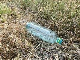 un botella de basura en el bosque foto