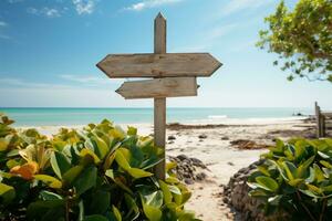 Seaside direction Arrows on wooden sign, beach backdrop, and flourishing plant AI Generated photo