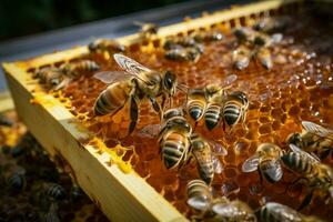 de cerca apicultor con panal marco, abejas elaboración líquido oro, un simbiótico danza ai generado foto