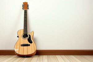 Musical essentials unite on a clean slate guitar, keys, and white background. AI Generated photo