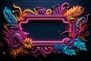 Luminous neon frame weaves a tapestry of lively colors, a captivating design. AI Generated photo