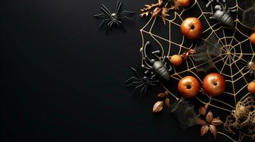 Modern Halloween flat lay mockup exuding sophistication and intrigue pumpkins holiday traditional fall pumpkin design autumn copy space spider, AI generated photo