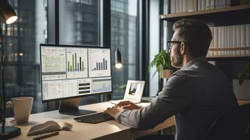 A person sitting at a desk in an office, looking at a computer screen while speaking on the phone with a real estate agent, AI generated photo