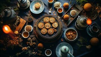 un mesa adornado con un variedad de tartas de luna, té, y tradicional chino linternas, ai generado foto