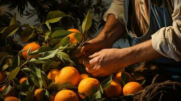 manos cosecha naranjas desde un árbol, de cerca, natural luz, ai generado foto