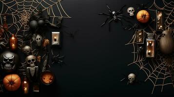 Halloween decorations on a white background. Halloween concept. Flat lay, top view, copy space, AI generated photo