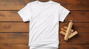 women's white t shirt mockup is elegantly displayed on a wooden background, AI generated photo