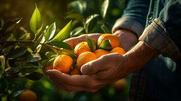 Orange Farmer Hands and oranges of the orange farmers are harvesting hand fruit background, juice tree healthy fresh closeup, AI generated photo