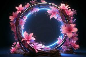 Glowing garden embrace Blue neon lights accentuate the pink floral circle AI Generated photo