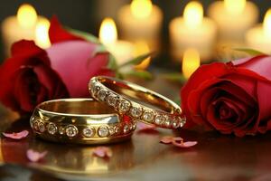 Close up Wedding rings gleam against a backdrop of red roses and candles AI Generated photo